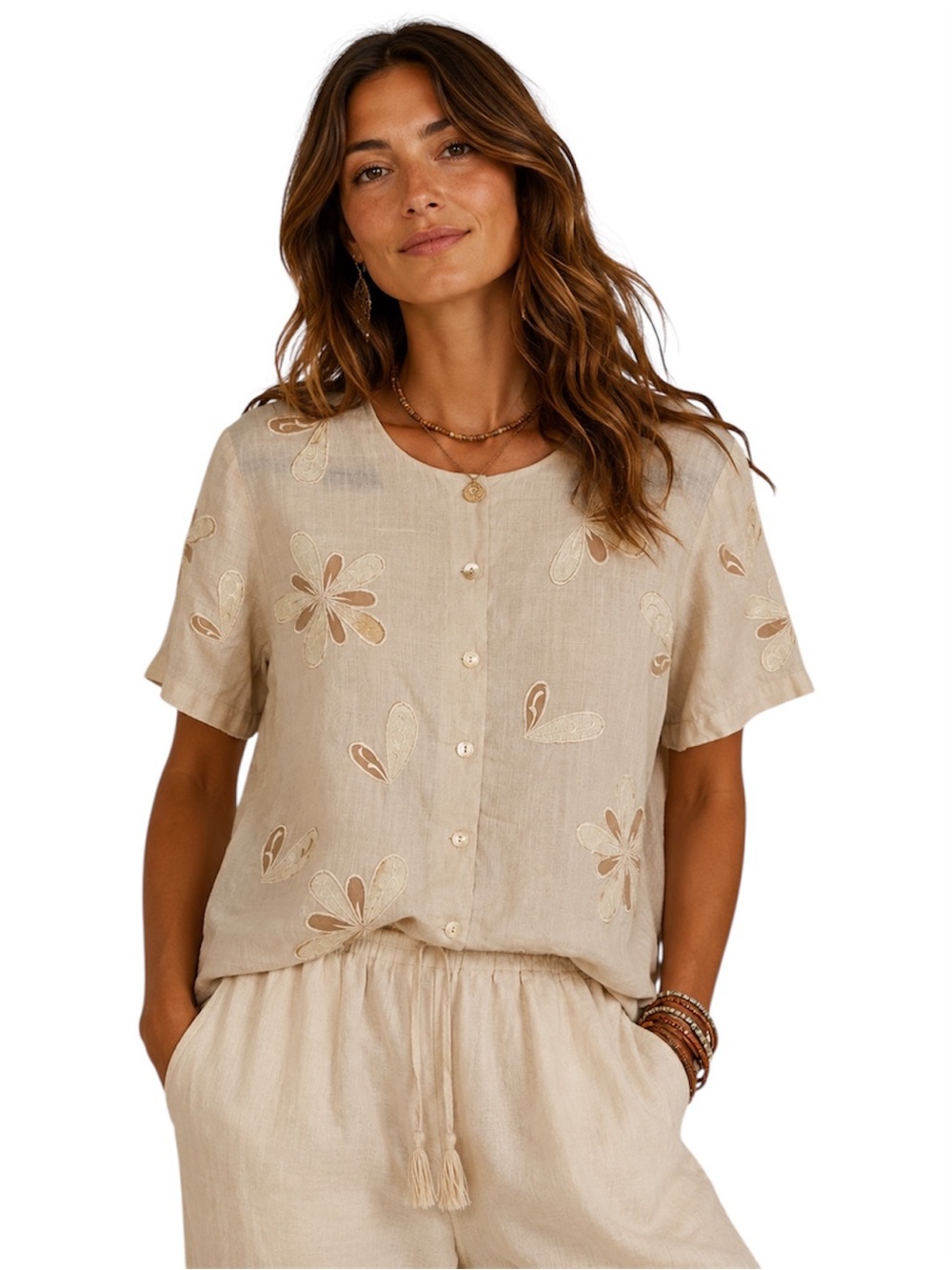 Boho Cottagecore 100% Linen Blouse Lace Floral Embroidered Goblincore Earthy